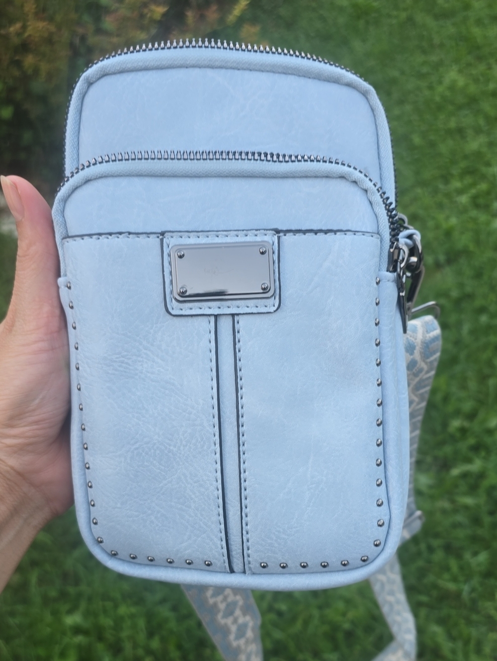 Light Blue Stud-Trim Crossbody Phone Bag - Casual Everyday Carry